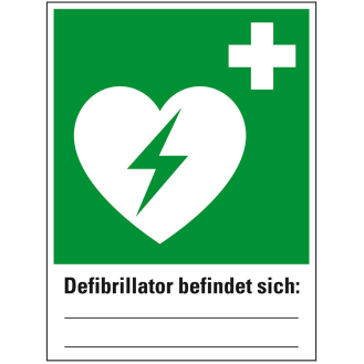 Rettungs-Kombischild Defibrillator befindet sich, Kunststoff, 300x400mm, ASR A1.3, DIN EN ISO 7010 E010 und D-E017-Beschreibung lesen