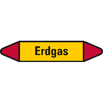 Rohrleitungsetikett Erdgas, gelb/schwarz/rot, für Ø 40-60mm, 37x218mm, 5/Bogen-Beschreibung lesen