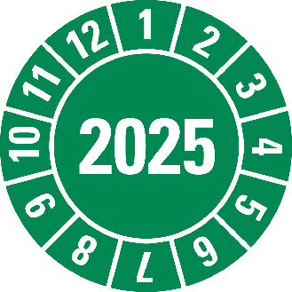 Prüfplakette 2025, grün, Dokumentenfolie, fälschungssicher, Ø 15mm, 500/Rolle-Beschreibung lesen