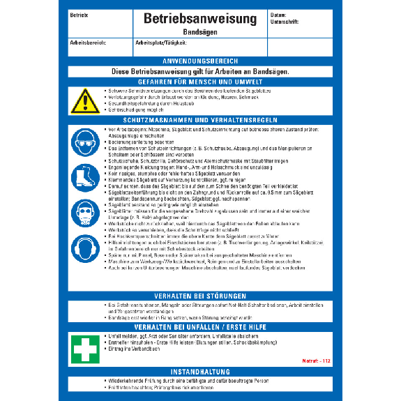Maschinenbetriebsanweisung Bandsägen, Kunststoff, 210x297mm, ASR A1.3, DIN EN ISO 7010-Leggi tutto