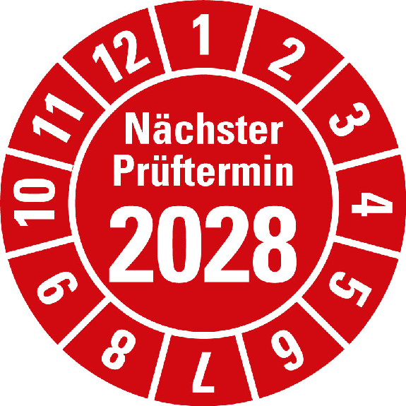 Prüfplakette Nächster Prüftermin 2028,rot,Folie,selbstkl.,Ø 20mm,10/Bogen-Beschreibung lesen