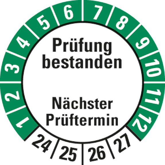 Prüfplakette Prüfung bestanden,Nä. Prüft.,24-27,weiß/grün,Folie,Ø 20mm,10/Bogen-Beschreibung lesen