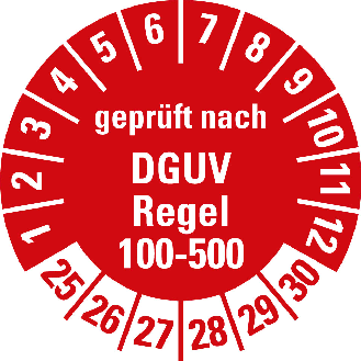 Prüfplakette gepr.n. DGUV Regel 100-500,25-30,rot,Folie,Ø 30mm,10/Bogen-Beschreibung lesen