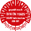 Prüfplakette gepr.n.DIN EN 15635,DGUV Info. 208-061,26-31,Folie,Ø 30mm,10/Bogen Prüfplakette gepr.n.DIN EN 15635,DGUV Info. 208-061,26-31,Folie,Ø 30mm,10/Bogen