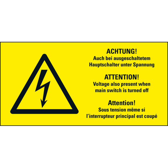 Warn-Kombischild Auch bei ausgeschaltetem..., RoHS konform, 3-spr., Folie, 74x37mm, ASR A1.3, DIN EN ISO 7010 W012-Leggi tutto