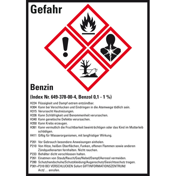 Gefahrstoffetikett Benzin, GefStoffV/GHS/CLP, Folie, 52x74mm, 10/Bogen Gefahrstoffetikett Benzin, GefStoffV/GHS/CLP, Folie, 52x74mm, 10/Bogen-Beschreibung lesen