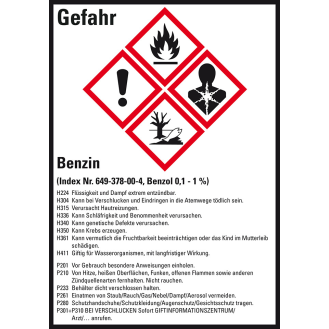 Gefahrstoffetikett Benzin, GefStoffV/GHS/CLP, Folie, 52x74mm, 10/Bogen-Beschreibung lesen