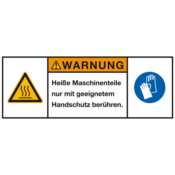 Produktsicherheitsschild Warnung Heiße Maschinenteile, RoHS konform, Folie, 200x75mm, ISO 3864-2-Lire la description