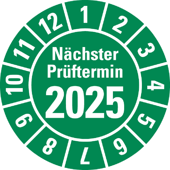 Prüfplakette Nächster Prüftermin 2025,grün,Folie,selbstkl.,Ø 30mm,10/Bogen-Beschreibung lesen