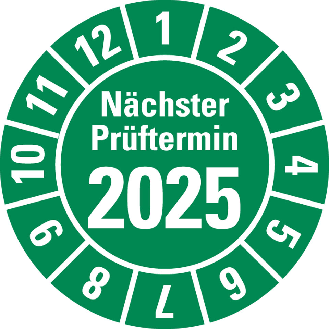 Prüfplakette Nächster Prüftermin 2025,grün,Folie,selbstkl.,Ø 30mm,10/Bogen-Beschreibung lesen