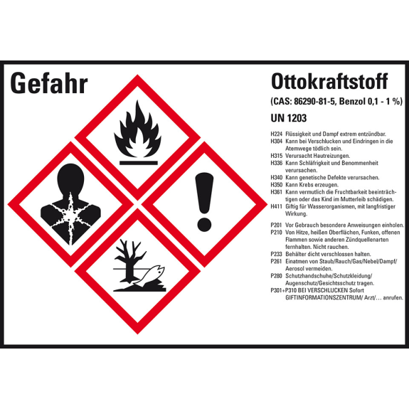 Gefahrstoffetikett Ottokraftstoff UN 1203, GefStoffV/GHS/CLP, 148x105mm, 4/Bogen Gefahrstoffetikett Ottokraftstoff UN 1203, GefStoffV/GHS/CLP, 148x105mm, 4/Bogen-Beschreibung lesen