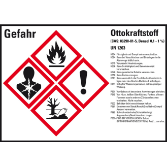 Gefahrstoffetikett Ottokraftstoff UN 1203, GefStoffV/GHS/CLP, 148x105mm, 4/Bogen-Beschreibung lesen