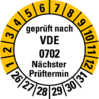 Mehrjahresprüfplakette gepr.nach VDE 0702 NP,26-31,weiß/gelb,Folie,20mm,10/Bogen-Beschreibung lesen