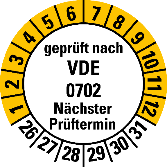 Mehrjahresprüfplakette gepr.nach VDE 0702 NP,26-31,weiß/gelb,Folie,20mm,10/Bogen-Beschreibung lesen