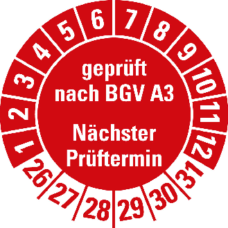 Prüfplakette gepr.n.BGV A3 Nächster Prüftermin,26-31,rot,Folie,Ø 30mm,10/Bogen-Beschreibung lesen