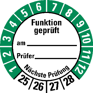 Prüfplakette Funktion geprüft am,25-28,weiß/grün,Folie,selbstkl.,Ø 30mm,10/Bogen-Beschreibung lesen
