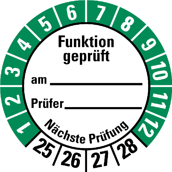 Prüfplakette Funktion geprüft am,25-28,weiß/grün,Folie,selbstkl.,Ø 30mm,10/Bogen-Beschreibung lesen