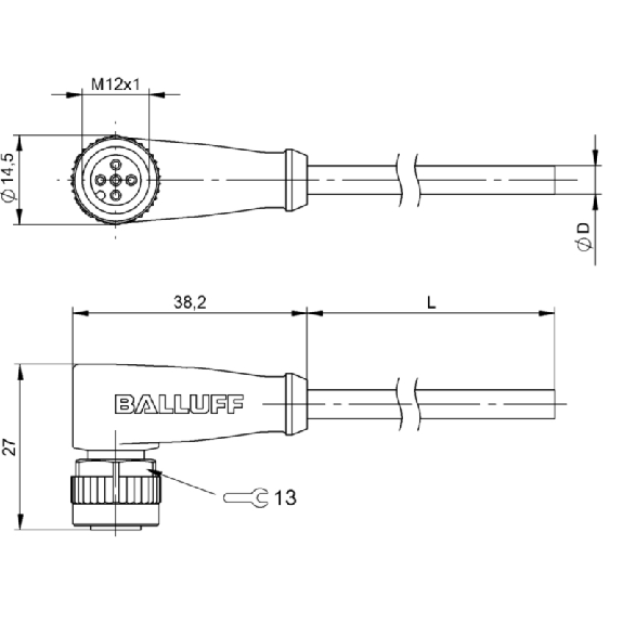 M12A Fem Coudé 5p LED PNP NO; Câble TPE 3x22AWG Jaune Cpc 5m - BCC M425-0000-1A-004-EX43T2-050 (BCC05TU)-Lire la description