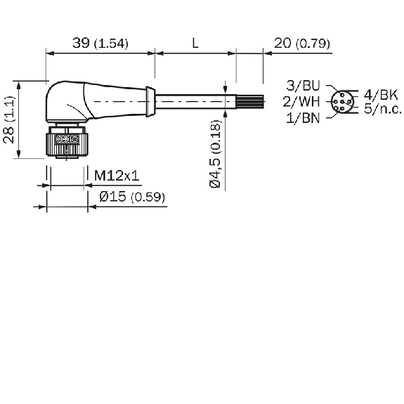 M12A Fem Coudé 4p; Câble PUR 4x0.34 Noir Cpc 5m - YG2A14-050UW1XLEAX-Lire la description