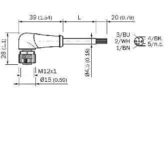 M12A Fem Coudé 4p; Câble PUR 4x0.34 Noir Cpc 5m - YG2A14-050UW1XLEAX-Lire la description