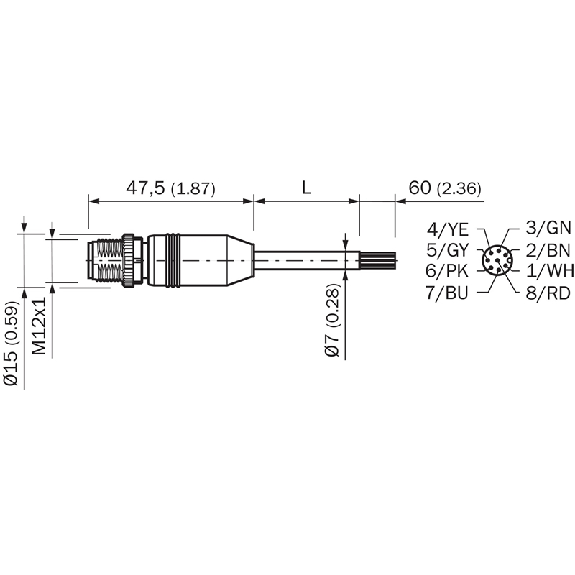 M12A Mâle Droit 8p; Câble Blindé PVC 8x0.25 Noir Cpc 10m (30V) - YM2A28-100VA6XLEAX-Lire la description