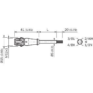 M12A Mâle Droit 4p; Câble PVC 2x0,34 Gris 2m (250V) - YM2A14-020VB3XLEAX-Lire la description