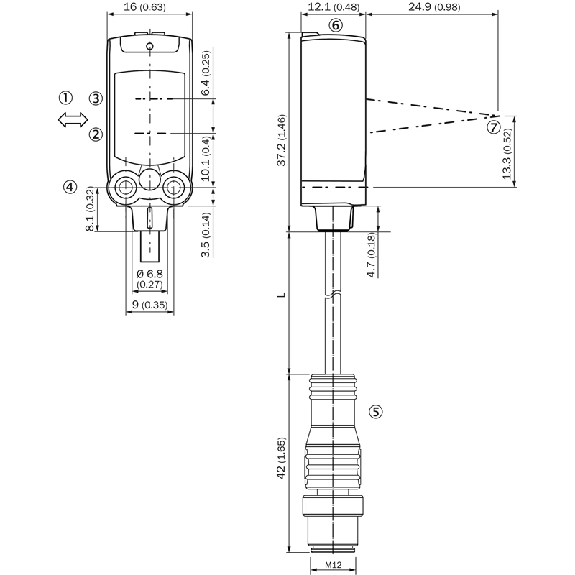 Cellule EAP en V PNP/NPN P=50mm PinPoint IOL LO/DO / M12 4P+C0.2m PVC - WTV4FE-84161120A00-Lire la description
