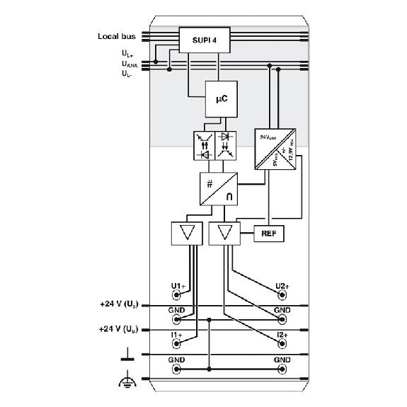 Module 2 sorties, 0-20 mA, 4-20 mA, ±20 mA, 0-10 V, ±10 V, 2 fils - IB IL AO 2/UI-PAC-Lire la description