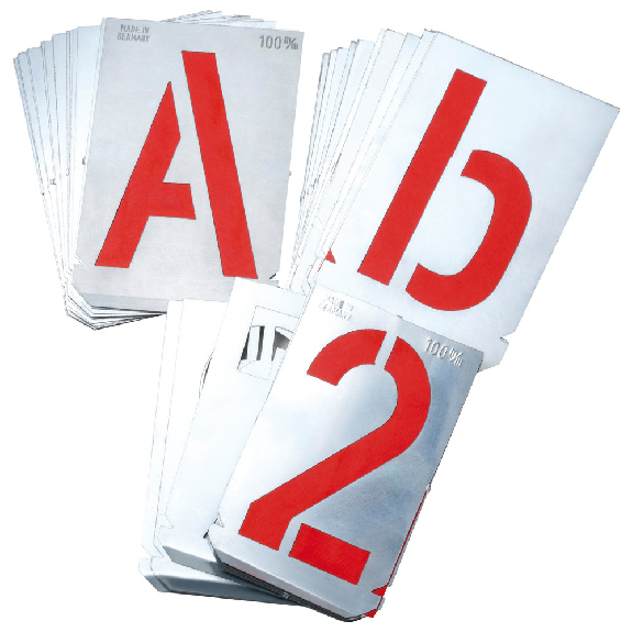 Signierschablonensatz, A-Z, 27 tlg., Schriftgröße 100 mm Signierschablonensatz, A-Z, 27 tlg., Schriftgröße 100 mm-Beschreibung lesen