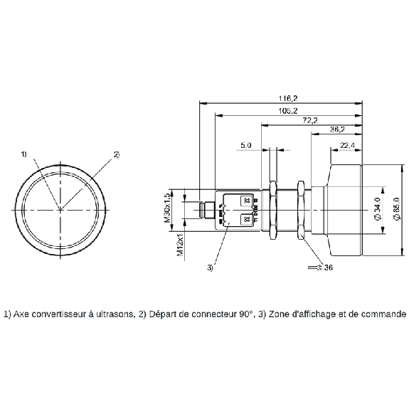 Ultrason Directe 4-20mA/0-10V PNP NO/NF P600-8000mm M30 Axial M12 5P - BUS M30M1-PPC-60/600-S92K (BUS0043)-Lire la description