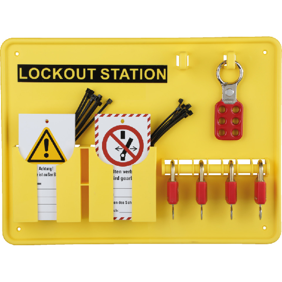 Lockout-Station, Variante 1, gefüllt, Wartungsanhängern, 4 Schössser, Multischließ. Lockout-Station, Variante 1, gefüllt, Wartungsanhängern, 4 Schössser, Multischließ.-Beschreibung lesen