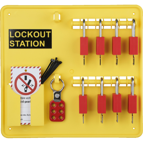Lockout-Station, Variante 1, gefüllt, Wartungsanhängern, 8 Schössser, Multischließ. Lockout-Station, Variante 1, gefüllt, Wartungsanhängern, 8 Schössser, Multischließ.-Beschreibung lesen
