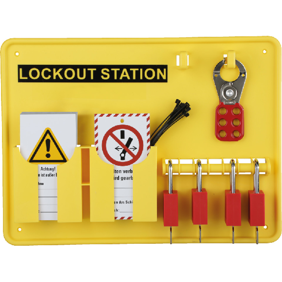 Lockout-Station, Variante 2, gefüllt, Wartungsanhängern, 4 Schössser, Multischließ. Lockout-Station, Variante 2, gefüllt, Wartungsanhängern, 4 Schössser, Multischließ.-Beschreibung lesen