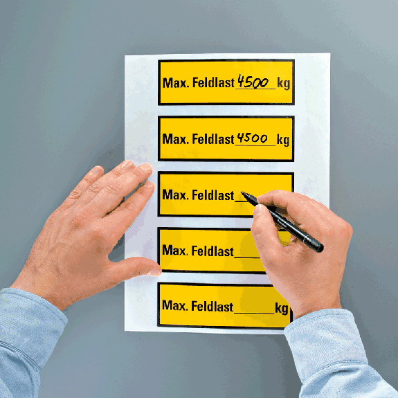 Regalbelastungsaufkleber Feldlast, gelb/schwarz, Folie, selbstklebend, 150x50mm, 5/Bogen-Beschreibung lesen