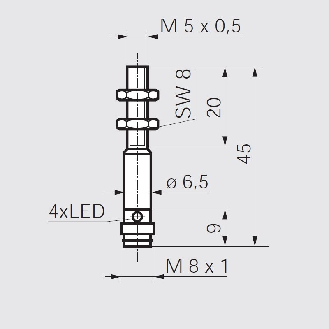 DPI M05 PNP NO P0.8mm noyé 45(20)mm Inox 10-30Vdc / M08 3P - IFRM 05P1501/S35L-Lire la description