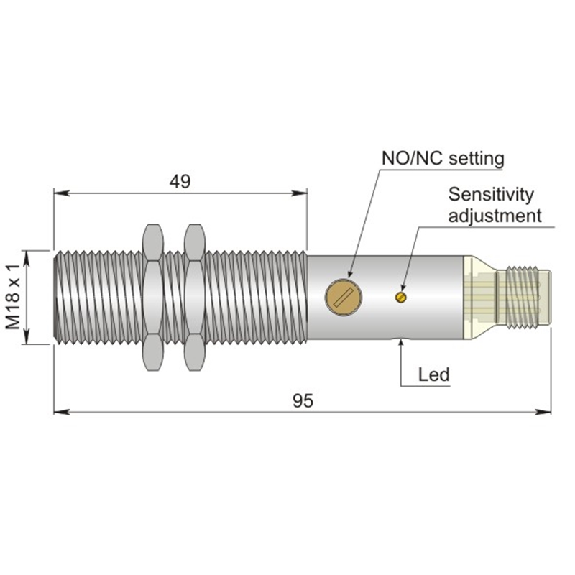 DPC M18 2 fils AC NO/NF P5mm noyé 95(49)mm 20-250VAC Laiton / M12A 4P - SC18SM-A5 NO/NC H-Lire la description