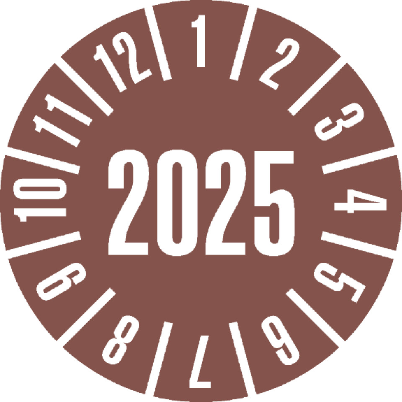 Jahresprüfplakette 2025, braun, Cellulose-Folie, selbstklebend, Ø 30mm, 18/Bogen-Beschreibung lesen