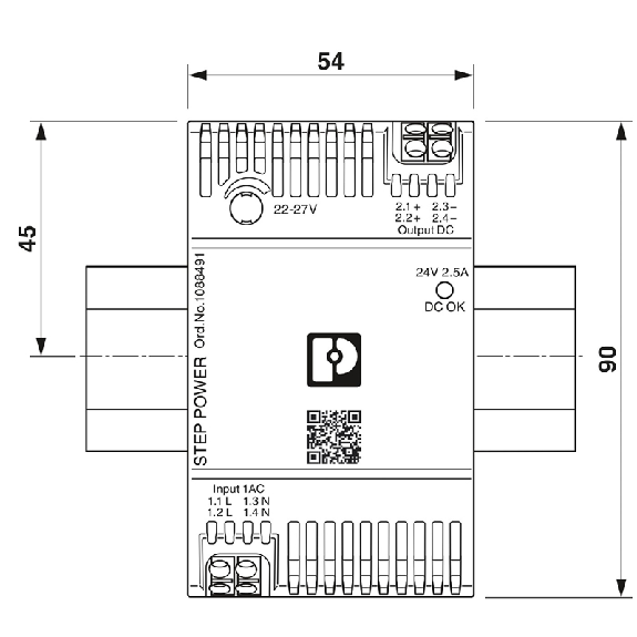 Alim. à découpage 24VDC 2,5A 60W, 1PH 100-240VAC, Rail DIN, Push-in - STEP3-PS/1AC/24DC/2.5/PT-Lire la description