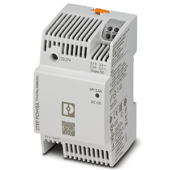 Alim. à découpage 24VDC 2,5A 60W, 1PH 100-240VAC, Rail DIN, Push-in - STEP3-PS/1AC/24DC/2.5/PT-Lire la description