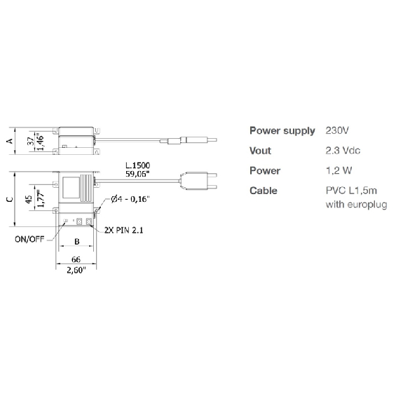 Bloc alimentation 2 sorties, 230V / 2.3 Vdc 1,2 W / Câble 1.5m PVC - ALASER2230 Bloc alimentation 2 sorties, 230V / 2.3 Vdc 1,2 W / Câble 1.5m PVC - ALASER2230-Lire la description