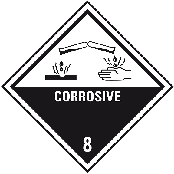 Verpackungskennzeichen Kl.8 Corrosive, Folie, seewasserbeständig, 100x100mm, 500/Rolle, IMDG-Code, GGVSEB, ADR-Beschreibung lesen