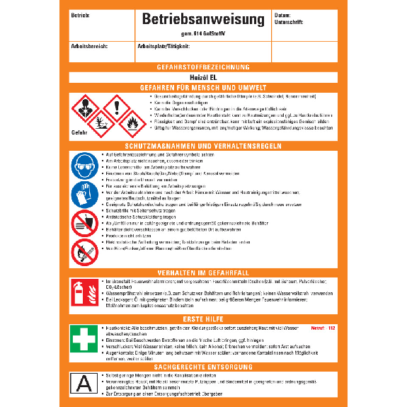 Betriebsanweisung Heizöl EL, CLP/GHS, Kunststoff, 210x297mm, ASR A1.3, DIN EN ISO 7010-Beschreibung lesen