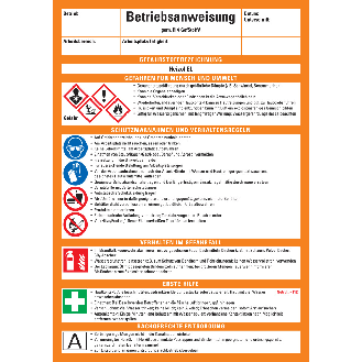 Betriebsanweisung Heizöl EL, CLP/GHS, Kunststoff, 210x297mm, ASR A1.3, DIN EN ISO 7010-Beschreibung lesen
