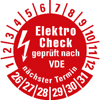 Prüfplakette Elektro-Check VDE,n.Termin,26-31,rot,Folie,selbstkl,Ø 20mm,10/Bogen-Beschreibung lesen