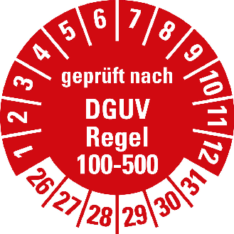 Prüfplakette gepr.n. DGUV Regel 100-500,26-31,rot,Folie,Ø 30mm,10/Bogen-Beschreibung lesen