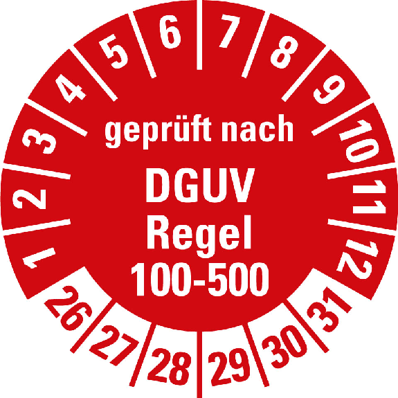 Prüfplakette gepr.n. DGUV Regel 100-500,26-31,rot,Folie,Ø 30mm,10/Bogen-Beschreibung lesen