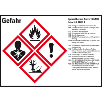 GHS-Etikett Sp.benzin Sorte 100/140, GefStoffV/GHS/CLP, Folie, 105x74mm, 8/Bogen-Beschreibung lesen