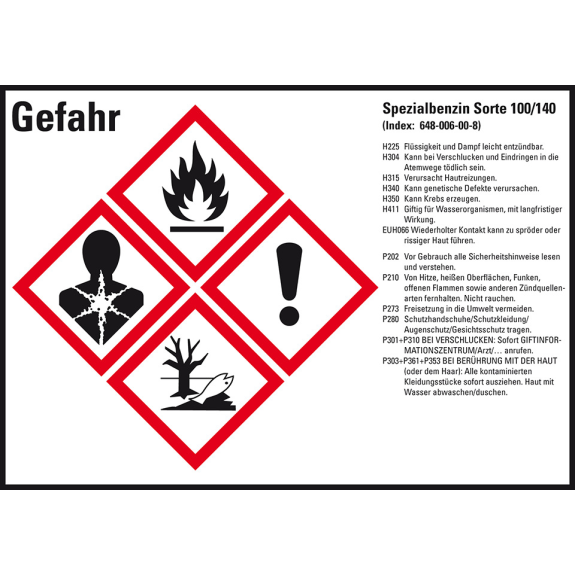 GHS-Etikett Sp.benzin Sorte 100/140, GefStoffV/GHS/CLP, Folie, 105x74mm, 8/Bogen GHS-Etikett Sp.benzin Sorte 100/140, GefStoffV/GHS/CLP, Folie, 105x74mm, 8/Bogen-Beschreibung lesen