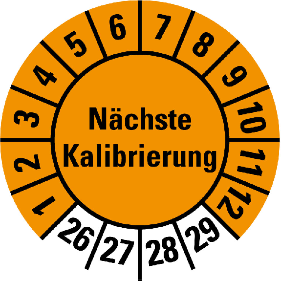 Prüfplakette Nächste Kalibrierung,26-29,orange,Folie,selbstkl.,Ø 15mm,10/Bogen-Leggi tutto