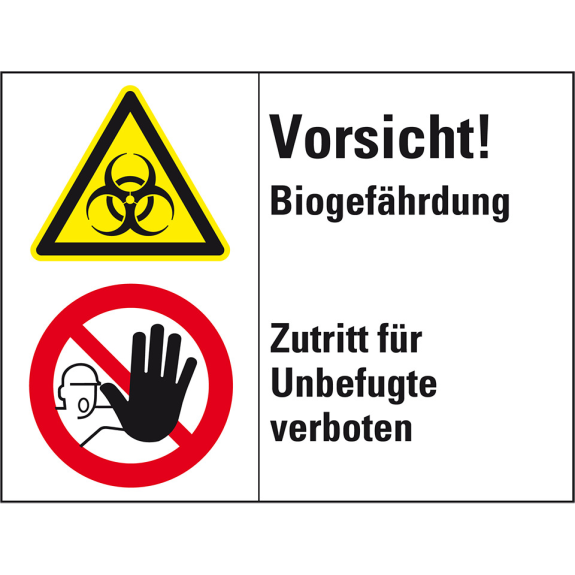 Kombischild mit Symbolen Vorsicht! Biogefährdung..., Folie, 200x150mm, ASR A1.3, DIN EN ISO 7010 D-P006 und W009-Leggi tutto